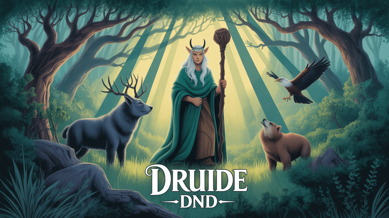 Druide DnD entouré animaux forêt magique