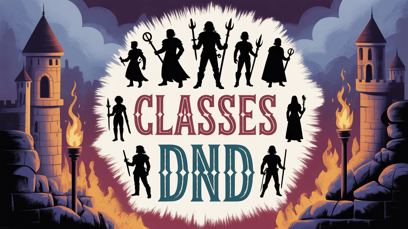Illustration silhouettes classe dnd autour du texte