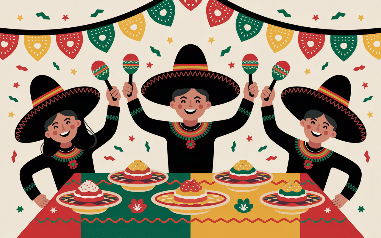 olé guacamolé scène festive table mexicaine cartoon