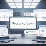 Tableau de bord prosonsoft.com sur écran avec outils gestion et graphiques