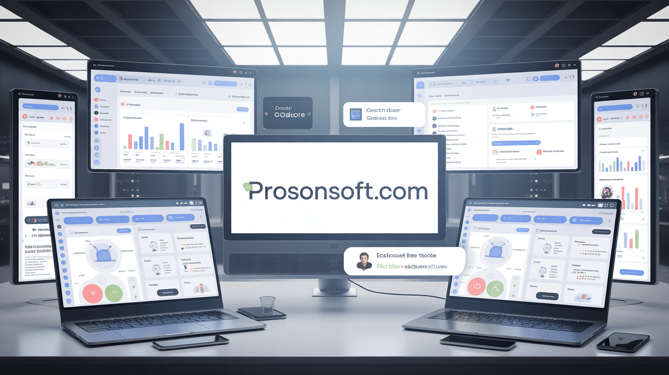 Tableau de bord prosonsoft.com sur écran avec outils gestion et graphiques