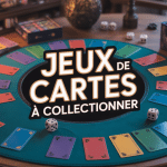 Table de jeu de cartes à collectionner, accessoires et ambiance chaleureuse