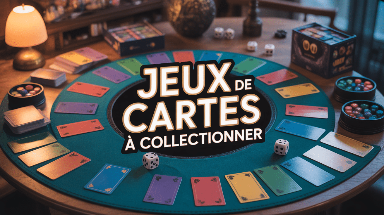 Table de jeu de cartes à collectionner, accessoires et ambiance chaleureuse