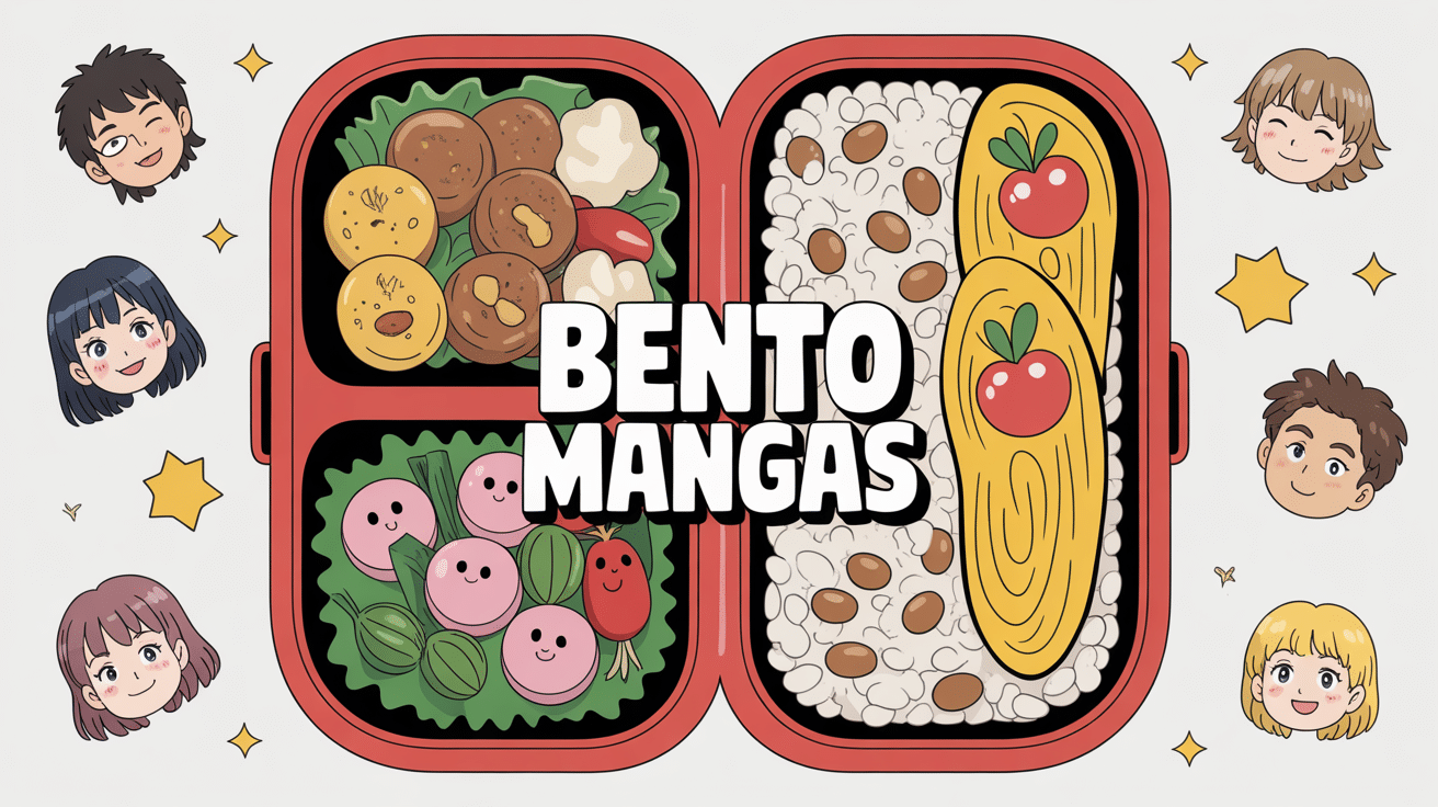 Bento mangas illustré avec compartiments et personnages anime