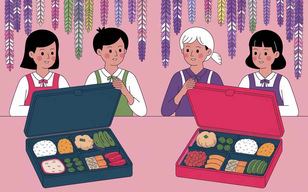 Personnages partageant bento mangas sous cerisiers