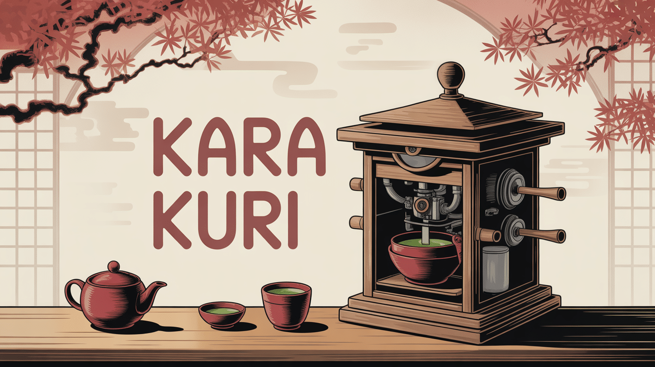 kara kuri automate en bois servant le thé avec mécanismes visibles