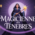 magicienne des tenebres en robe sombre avec baton et aura mystique