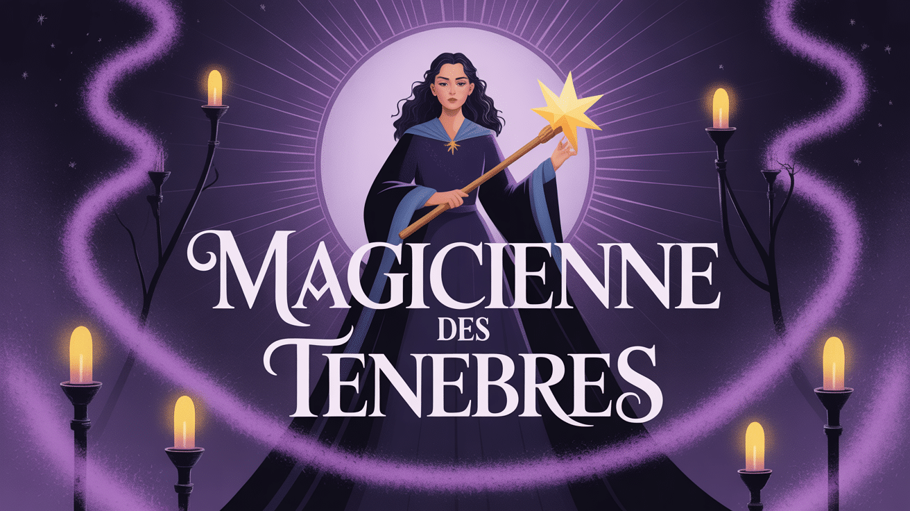 magicienne des tenebres en robe sombre avec baton et aura mystique