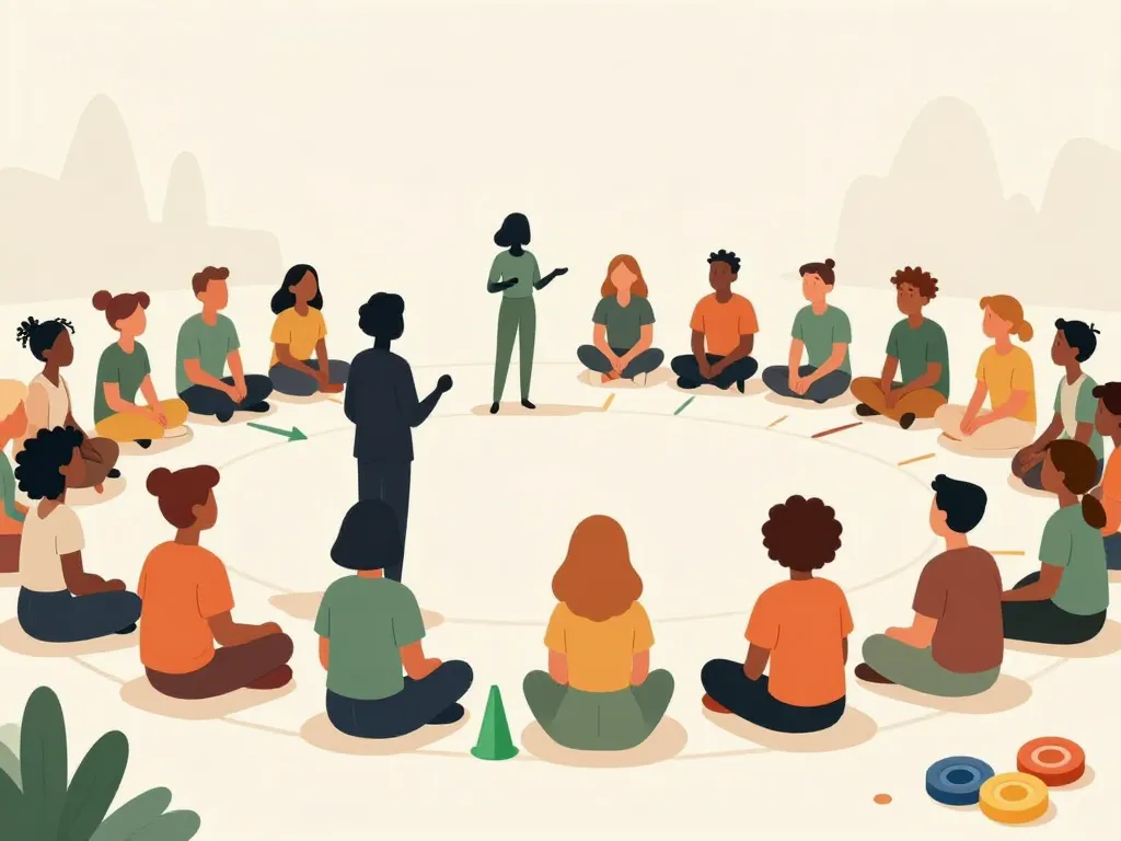 Scène jeux coopératifs facilitateur guidant groupe divers