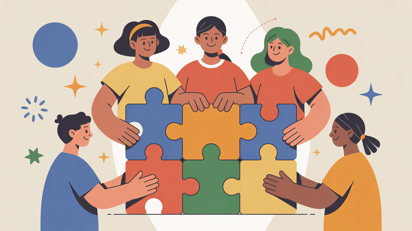 Illustration jeux coopératifs personnages puzzle cercle