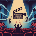 illustration compositeurs musiques de films avec salle cinéma et portée musicale