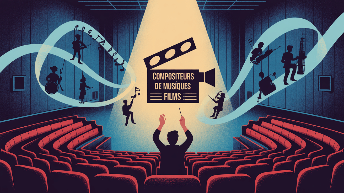 illustration compositeurs musiques de films avec salle cinéma et portée musicale