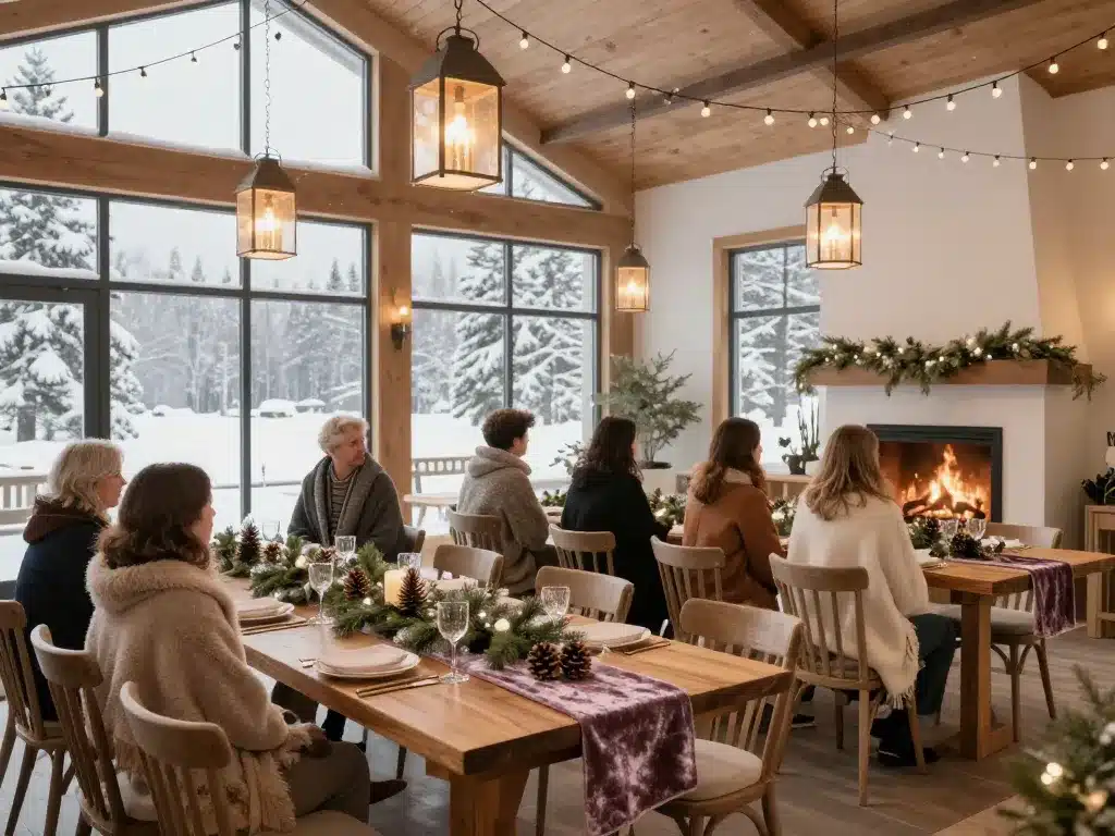 Décoration cosy salle mariage en hiver