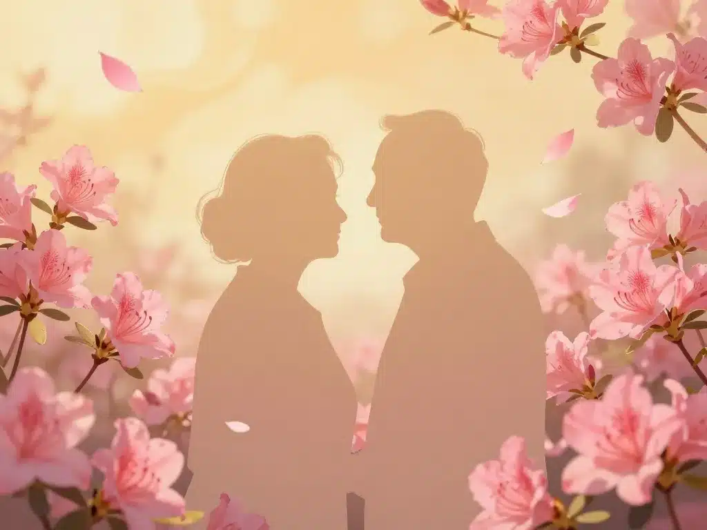 Silhouettes couple elder, azalées, symbole 57 ans de mariage