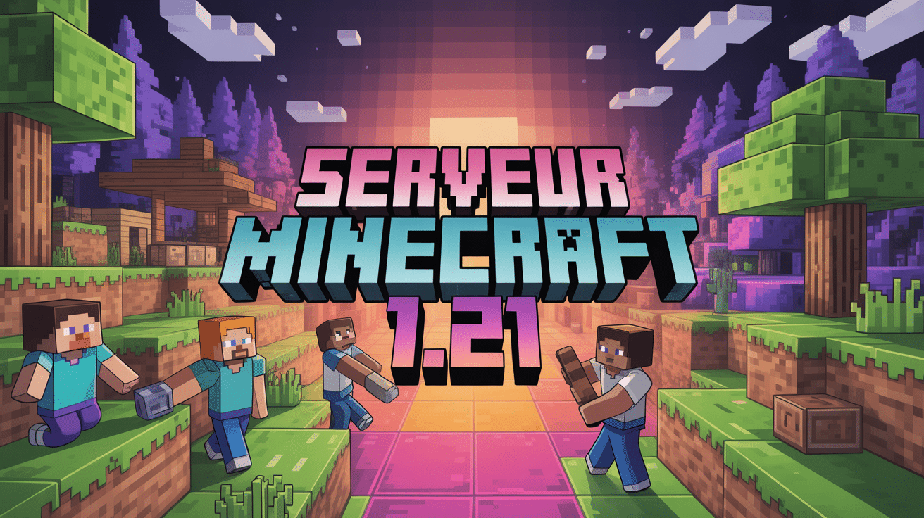 Panorama serveur Minecraft 1.21 avec joueurs et constructions