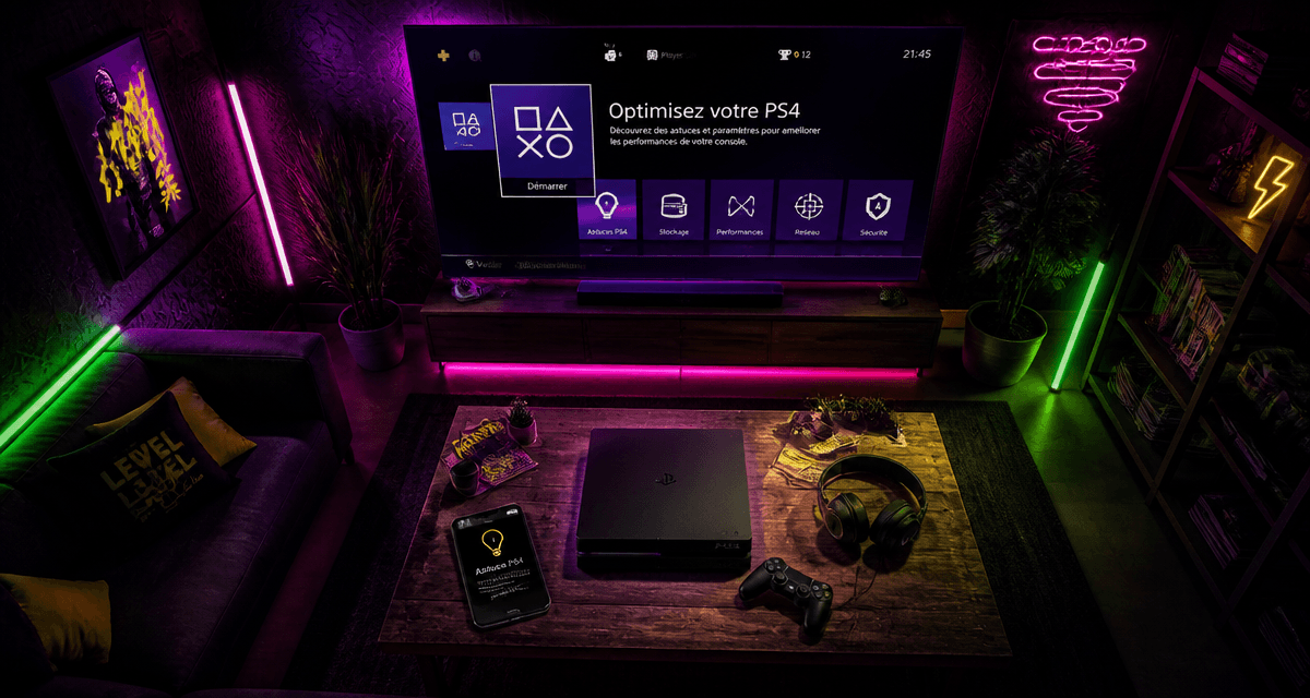 Astuce jeux PS4, salon moderne avec PS4 et manette