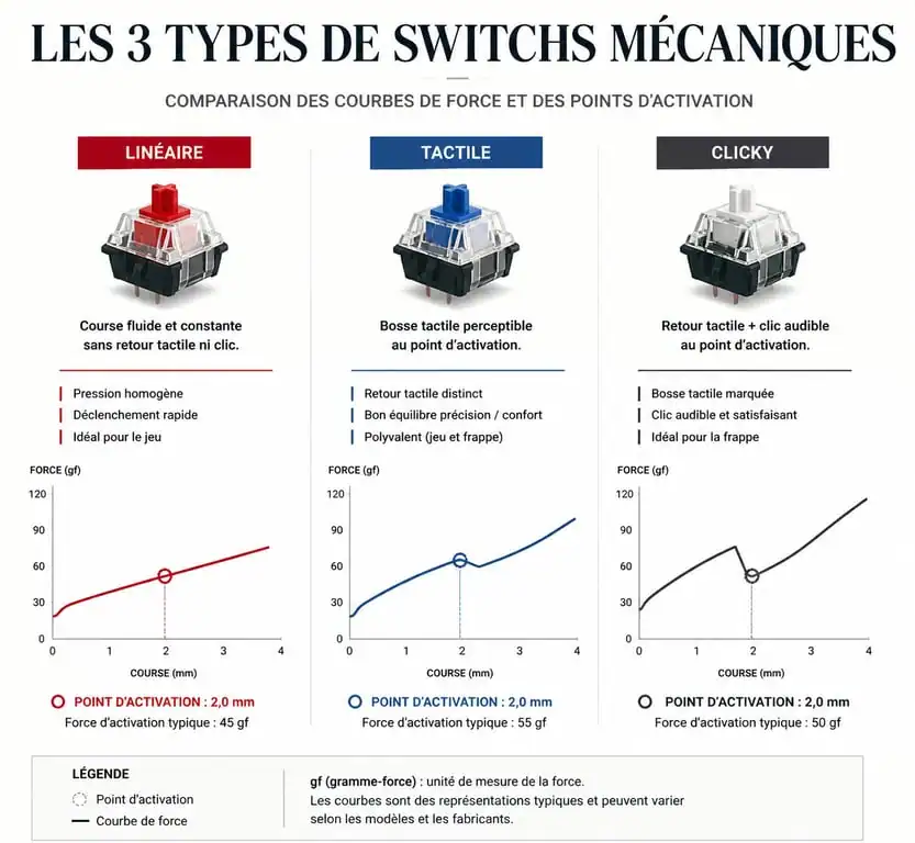 Comparatif des switchs pour clavier custom AZERTY : linéaire, tactile et clicky