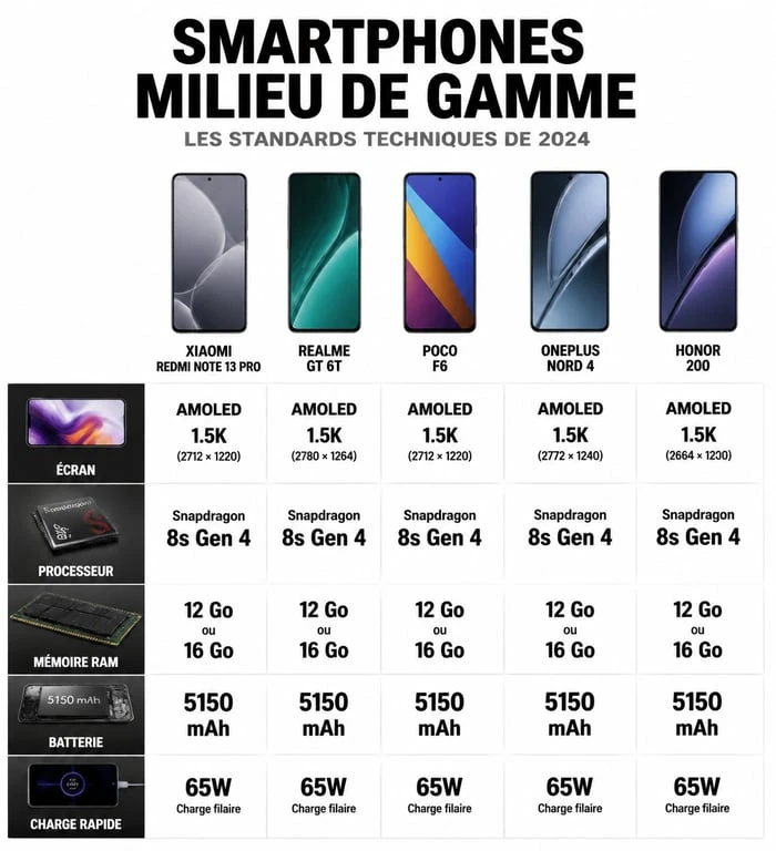 Infographie comparative des caractéristiques techniques du meilleur smartphone milieu de gamme 2026