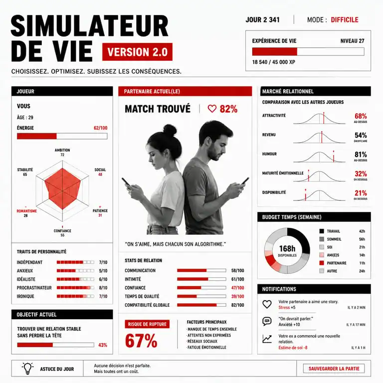 Illustration conceptuelle du jeu vidéo Cuckold Simulator, satire des dynamiques relationnelles modernes.