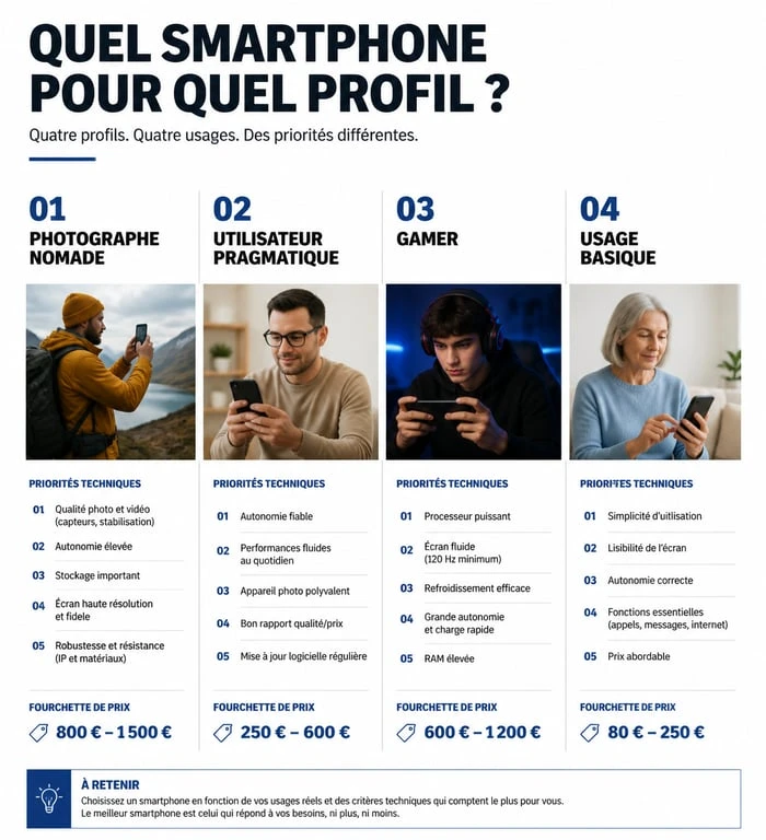 Infographie des profils d'utilisateurs pour choisir son smartphone selon ses besoins et son budget