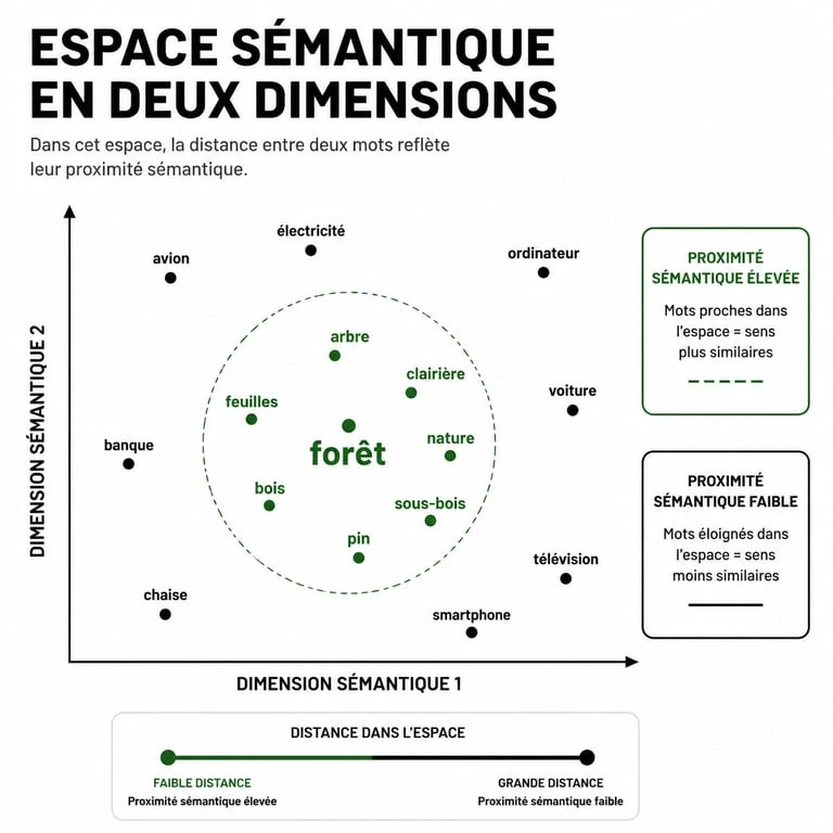Schéma explicatif de la proximité sémantique dans le jeu Cemantik : comment l'IA positionne les mots dans un espace vectoriel.