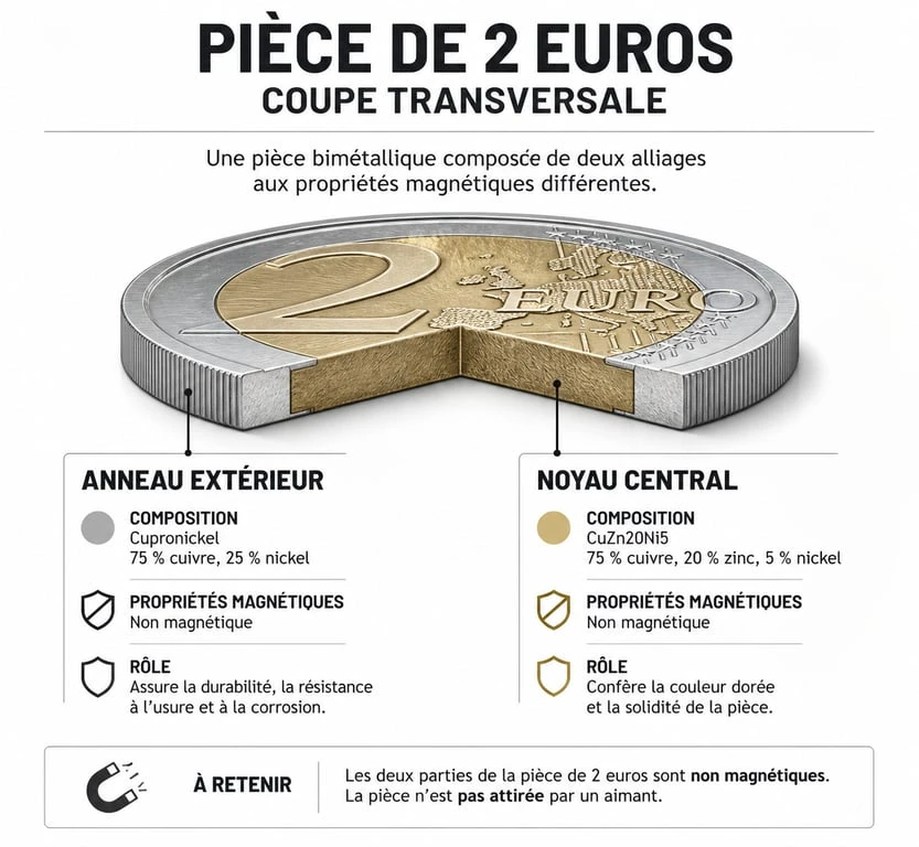 Infographie technique de la structure et composition d'une pièce de 2 euros