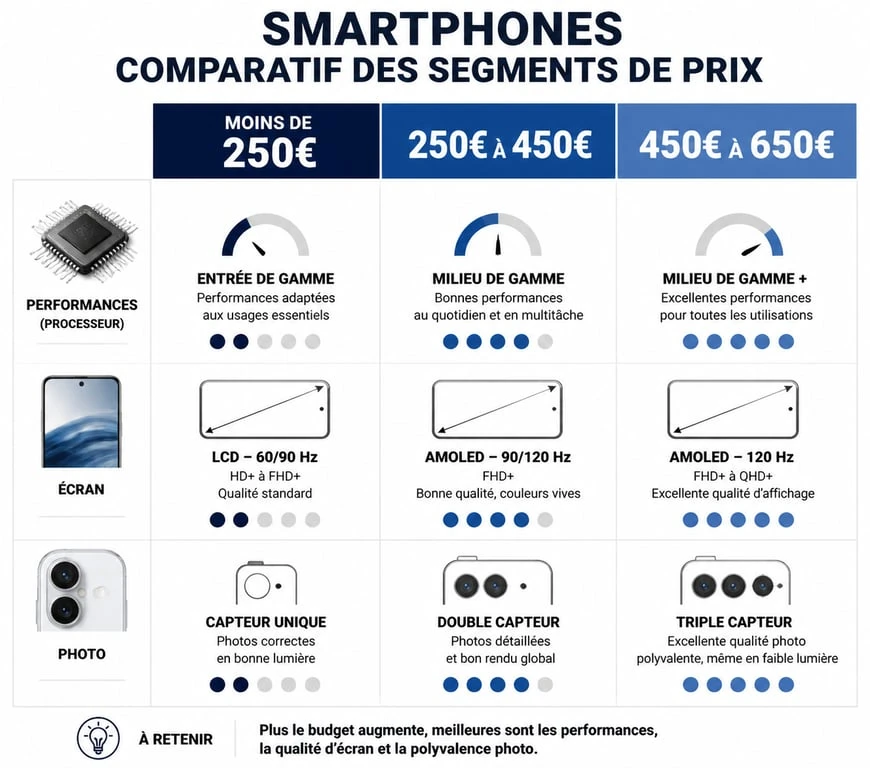 Infographie comparative du meilleur rapport qualité prix téléphone portable par segment de budget