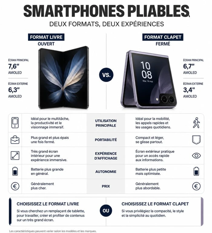 Comparatif des formats de smartphones pliables : clapet vs livre pour choisir le meilleur smartphone pliable
