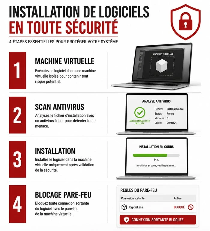 Infographie des étapes de sécurité pour l'installation de jeux crackés et logiciels