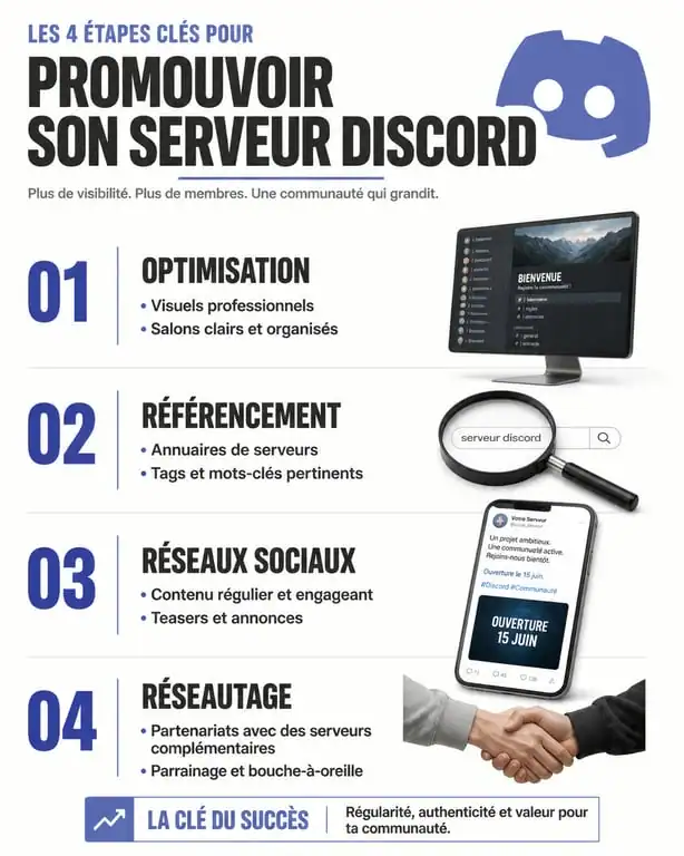Infographie des étapes clés pour promouvoir son serveur Discord et attirer des membres actifs