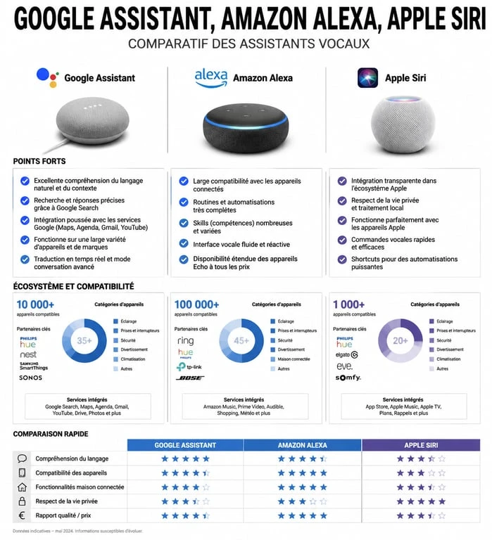 Tableau comparatif des assistants vocaux Google Assistant, Amazon Alexa et Apple Siri