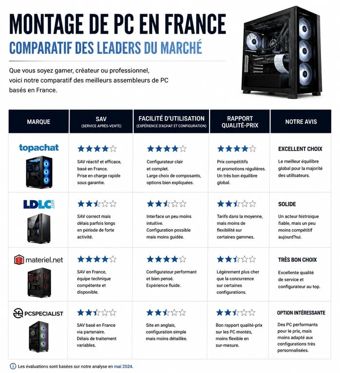 Comparatif des meilleurs sites pour monter son PC en France : LDLC, TopAchat, Materiel.net et PCSpecialist