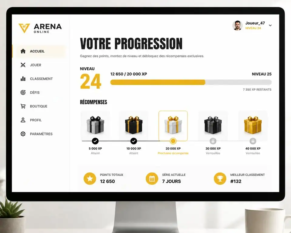 Interface du site de jeux Ovniz avec barre de progression et cadeaux