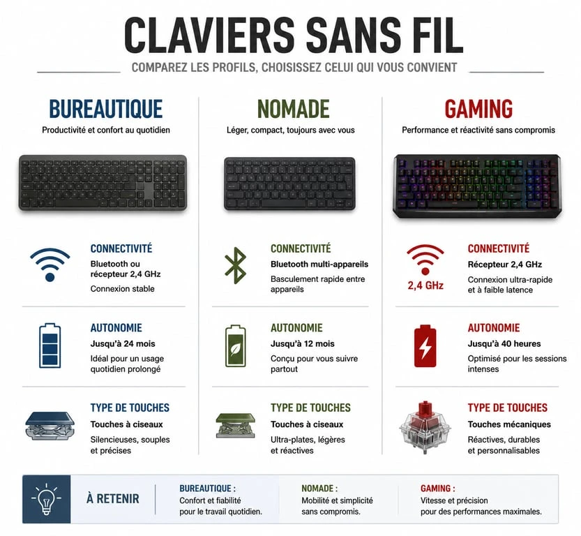 Infographie comparative des claviers rétro éclairés sans fil par usage : bureautique, nomade et gaming