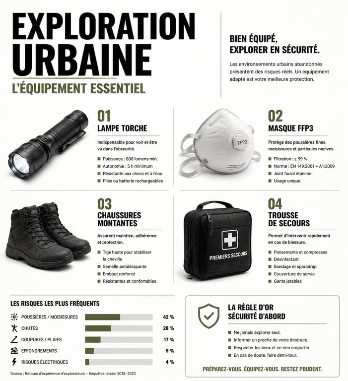 Infographie des équipements essentiels pour un guide urbex sécurisé