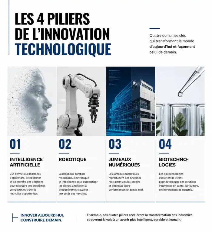 Infographie sur les piliers de l'innovation technologique et leur impact sectoriel