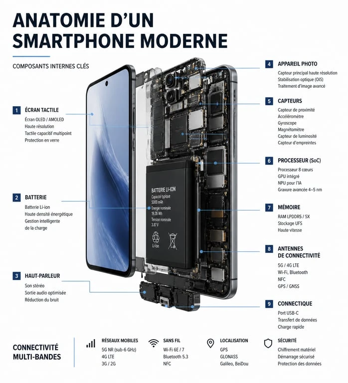 Schéma explicatif des composants techniques d'un smartphone définition