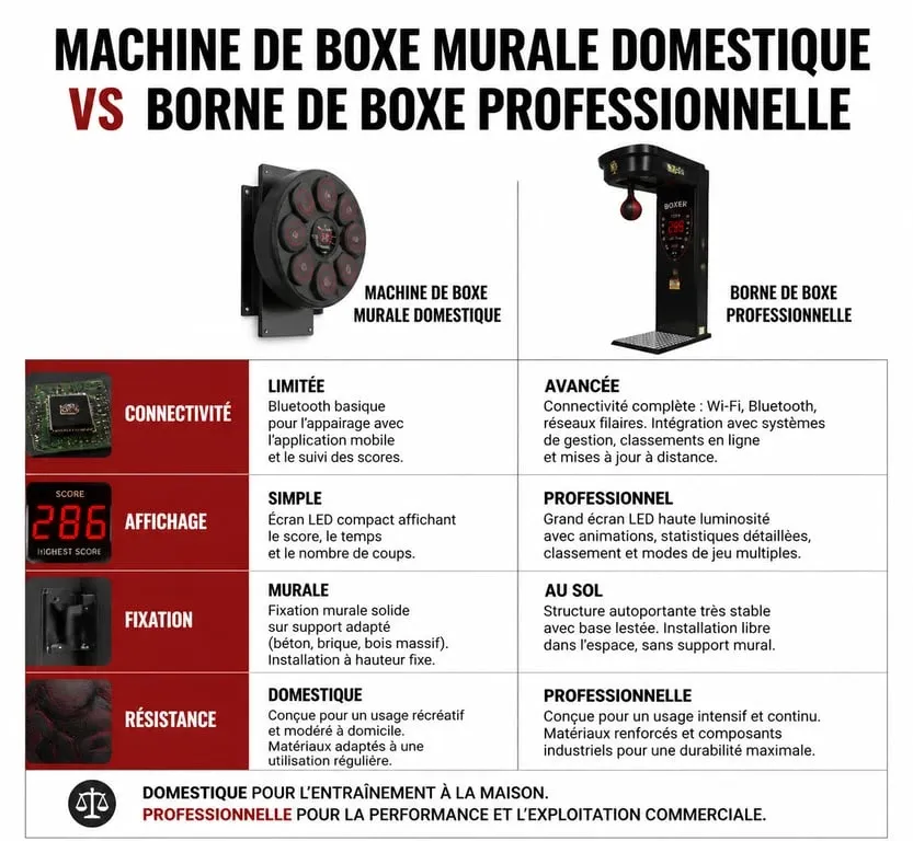 Comparatif des caractéristiques techniques entre une machine de boxe murale pour usage domestique et une borne de boxe professionnelle