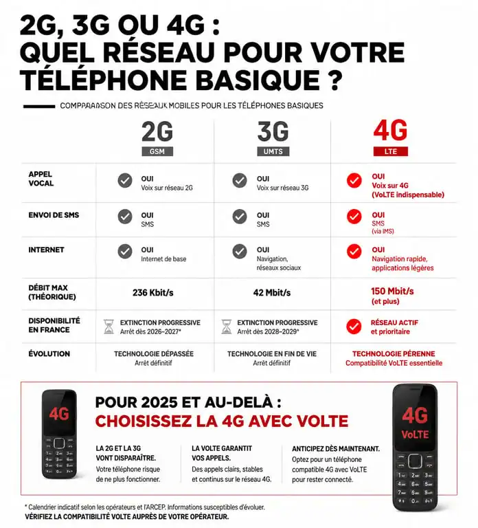 Infographie comparatif réseau 2G 3G 4G pour dumbphone 2025