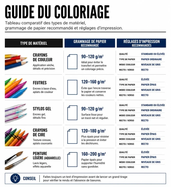 Infographie guide du matériel et papier pour le coloriage info
