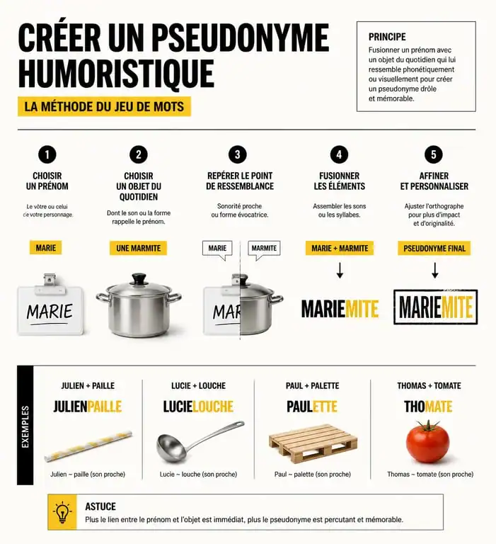 Infographie expliquant la création d'un pseudo marrant jeu de mot par la combinaison de prénoms et d'objets