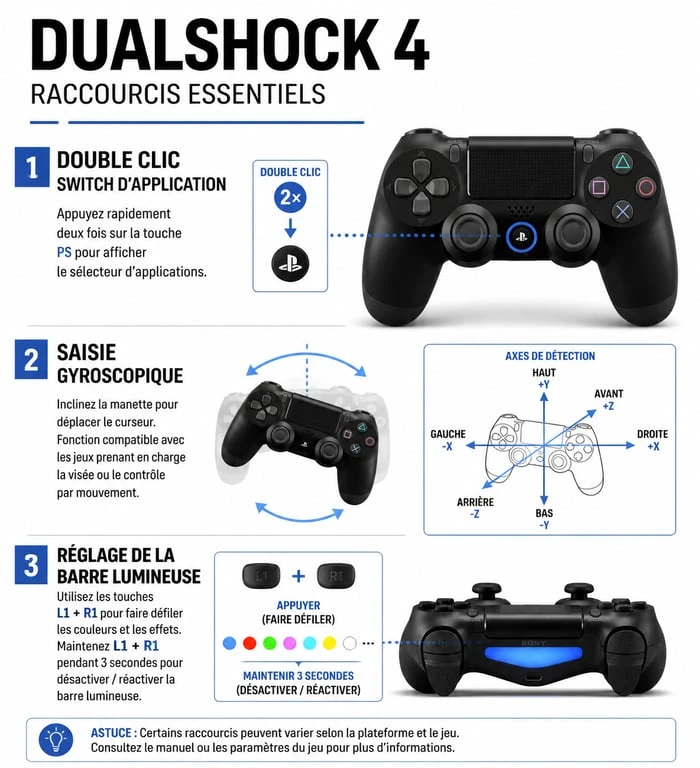 Infographie des astuces et raccourcis manette PS4 pour optimiser le gameplay
