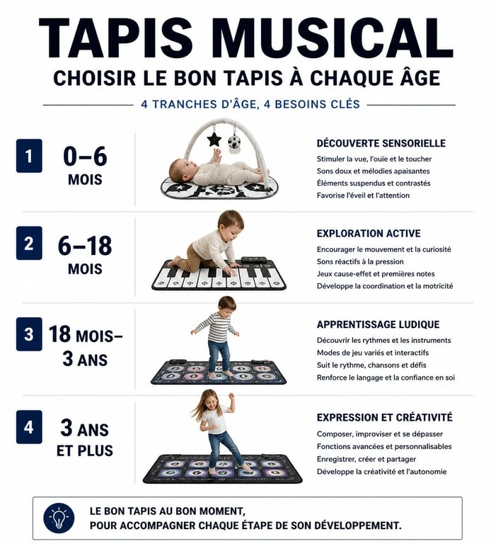 Infographie comparative des tapis musicaux pour enfants par tranche d'âge