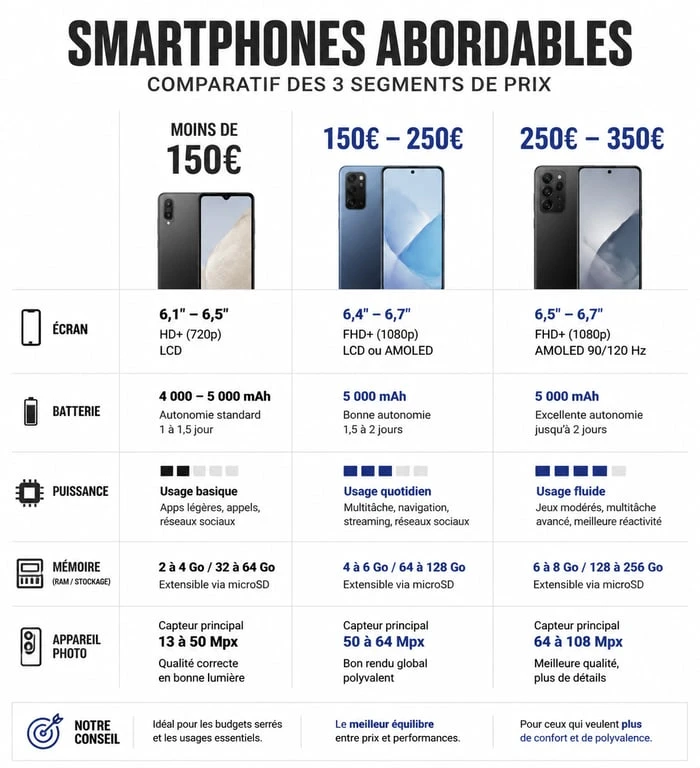 Infographie comparative des segments de prix pour trouver le meilleur smartphone pas cher