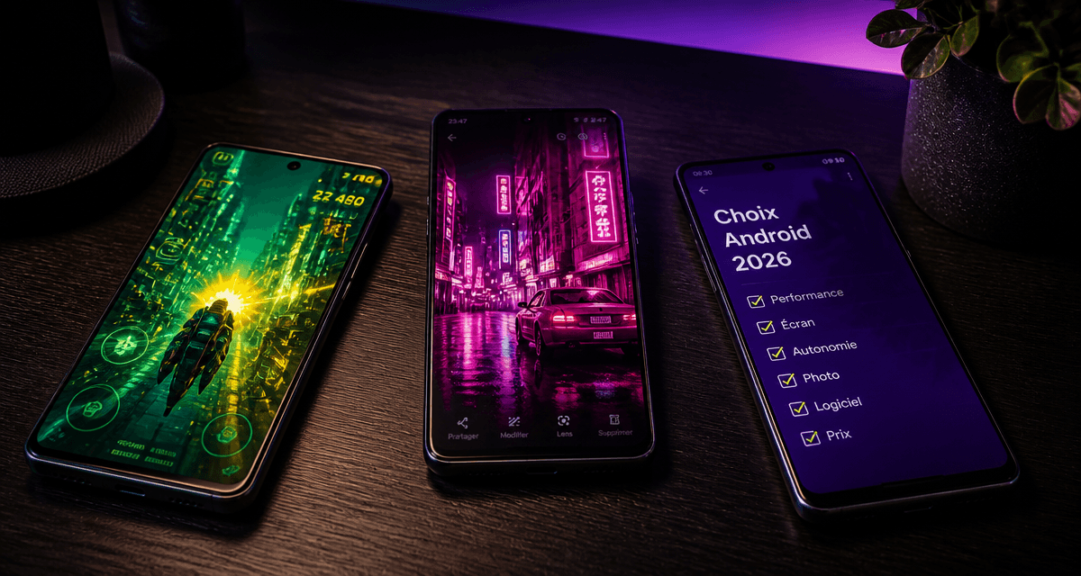 Trois meilleur telephone android 2026 sur bureau moderne