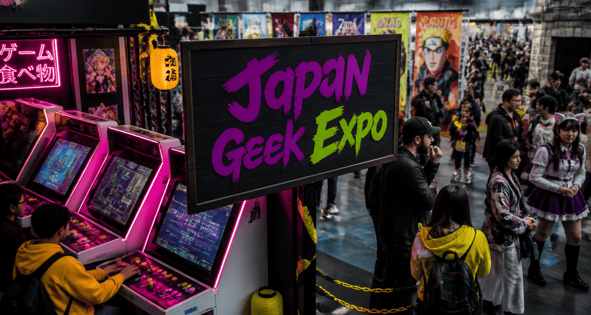 Vue hall Japan Geek Expo avec bornes rétro-gaming et cosplayers