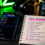 Test smartphone avec checklist et graphiques de performance
