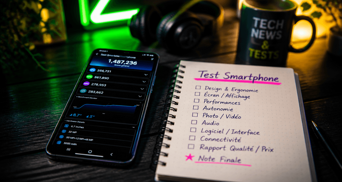 Test smartphone avec checklist et graphiques de performance