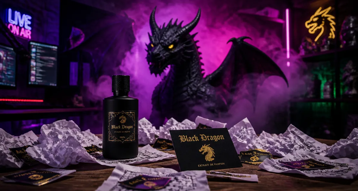 Black dragon dragon : flacon noir, carte et brume, ambiance gaming parfum