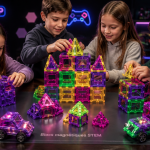 Enfants jouant avec bloc construction magnétique coloré